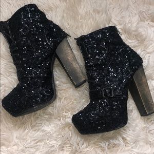 Black sequence lace up platforms boot heels